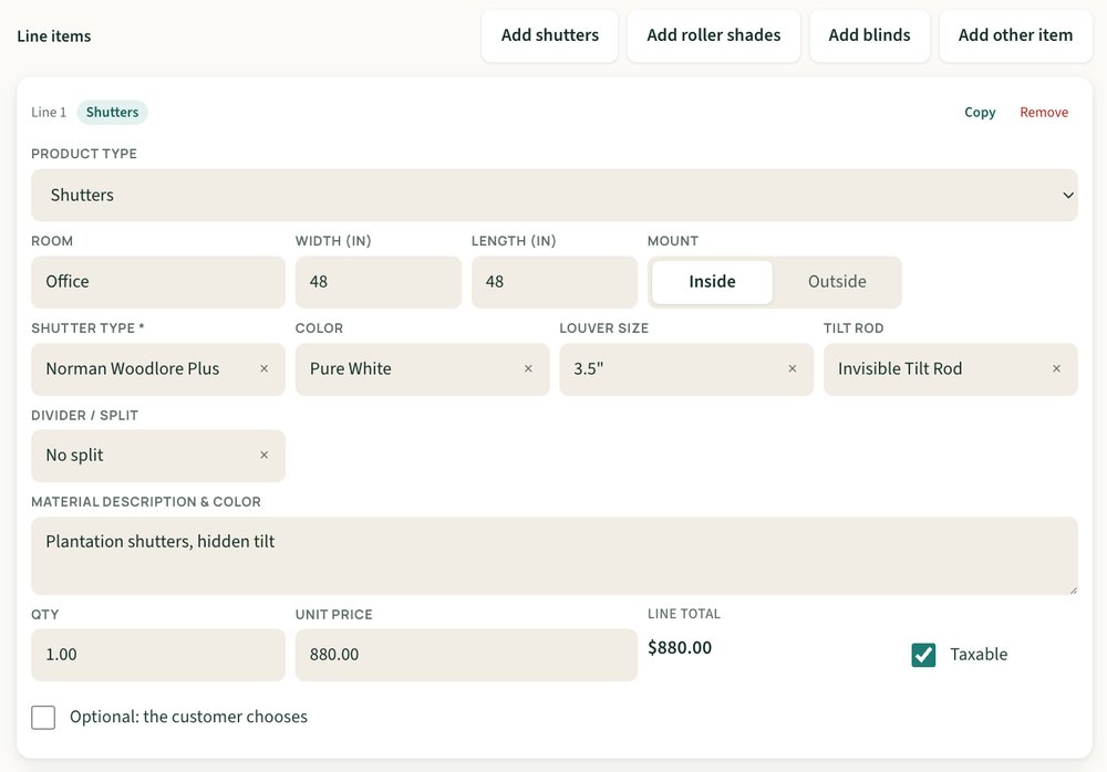 Settings, Products: product types and the fields each one asks for, configurable per business