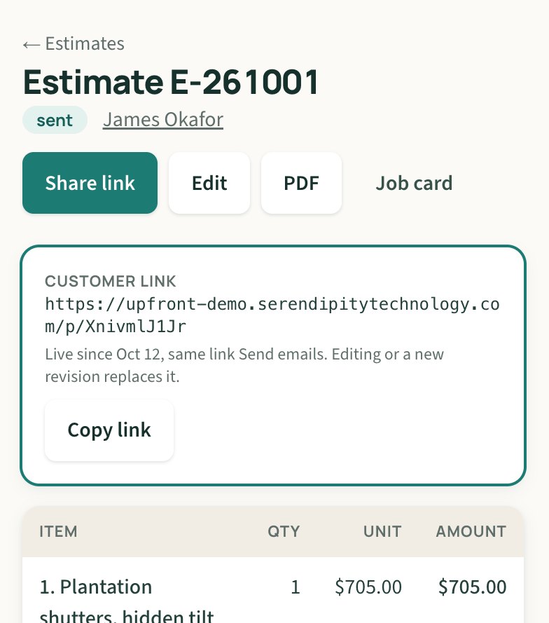 The customer link box on an estimate, with a Copy link button to send it to the customer