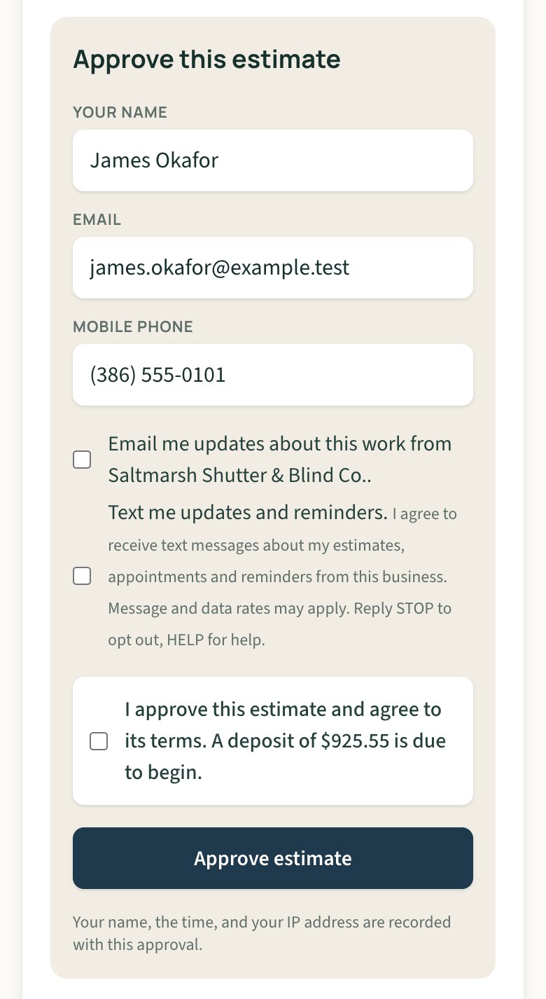 The customer approval form with name, email, and an approve button, noting the name, time and IP address are recorded