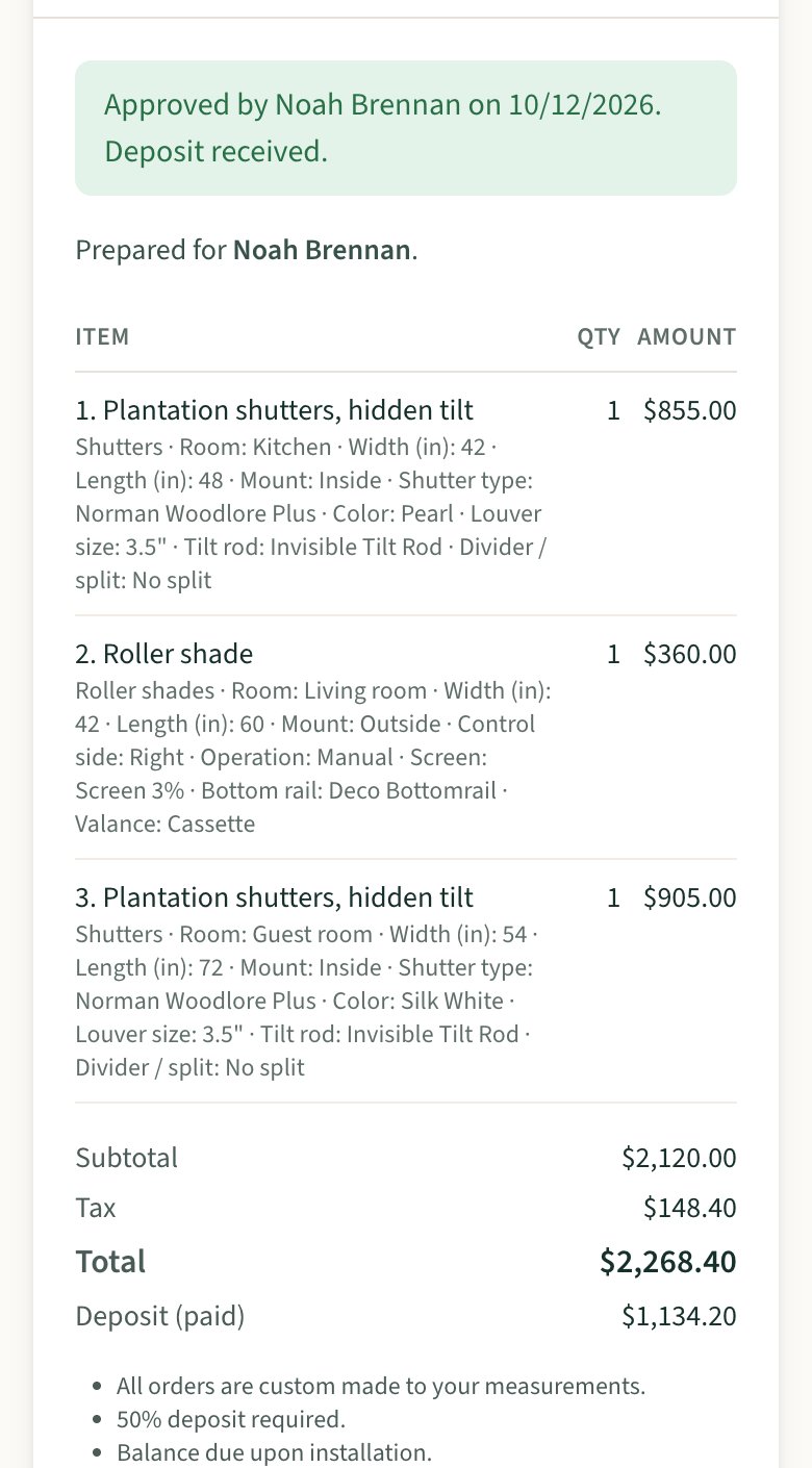 A customer estimate page marked Approved with the deposit received, showing itemized products, totals and the paid deposit